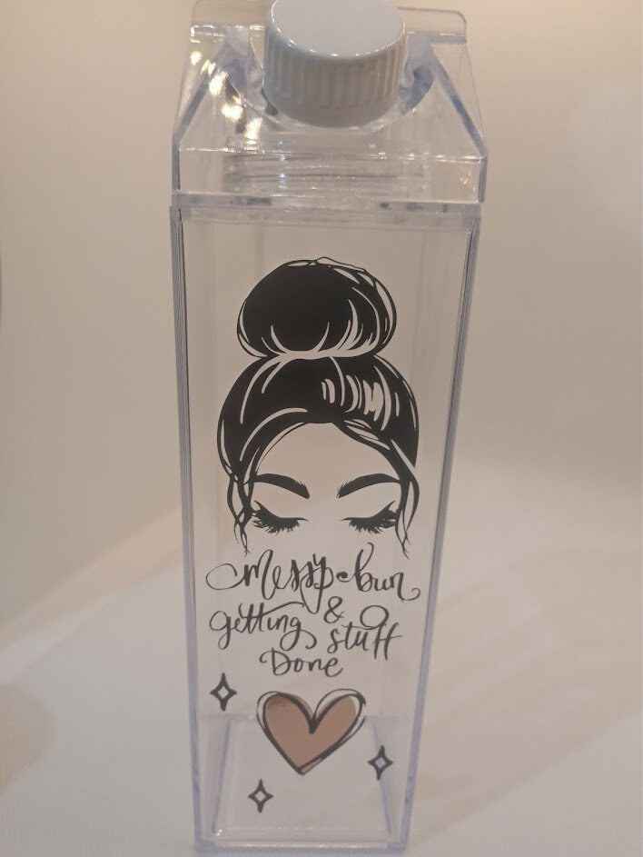 Milk Carton Water Bottle - Messy Bun - Boss Babe Unique Drinks Bottle