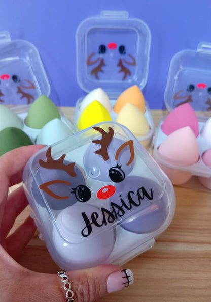 Christmas Reindeer Makeup Sponges - Personalised Makeup Sponge Gift Box