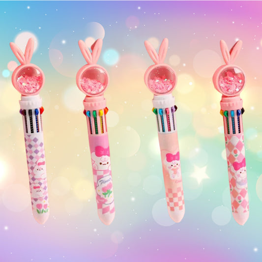 Glitter Bunny Ballpoint Pen - Kawaii Cartoon 10 in 1 Chunky Pen