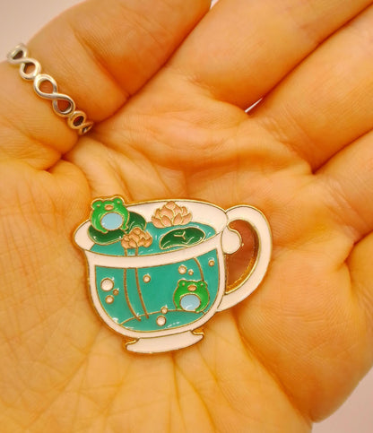Frog Lotus Flower Tea Cup Pin Badge - Cute Cartoon Pin Badge